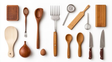 A flat lay of various wooden and metal cooking utensils, including spoons, knives, and a whisk, arranged neatly on a white background.