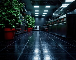 A sleek, modern kitchen with dark tiled flooring and potted greenery, highlighting a clean and sophisticated culinary environment.