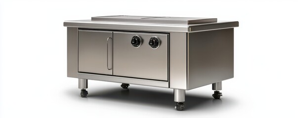 A stainless steel kitchen range with two burners and storage space, ideal for commercial cooking environments. Isolated on white background