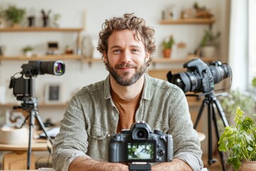 Influential Vlogger in Studio with Growing Subscriber Count under Bright Lights