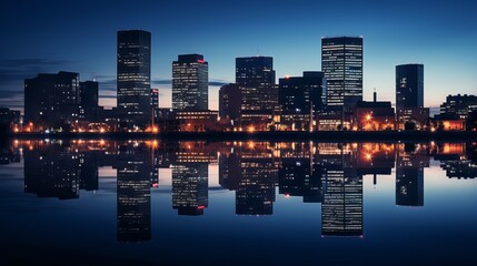 Fototapeta premium City skyline illuminated at twilight with reflections on calm water surface. Generative AI