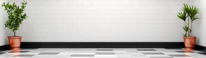 A modern interior with potted plants, featuring a checkered floor and minimalistic white walls, creating a spacious and inviting atmosphere.