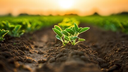 Fototapeta premium Sunrise over a thriving field with young green plants reaching for the light. Generative AI