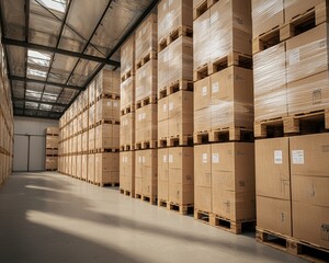 A warehouse filled with neatly stacked cardboard boxes on pallets, showcasing an organized storage space with ample lighting.