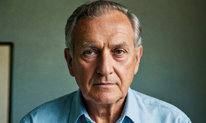 Fototapeta premium A man with gray hair and a blue shirt stares directly at the camera