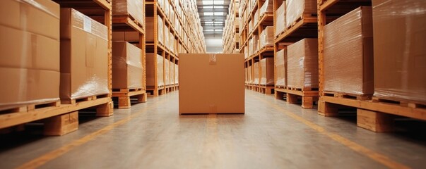 A single cardboard box stands out amid neatly stacked pallets of boxes in a warehouse, showcasing an organized storage environment.