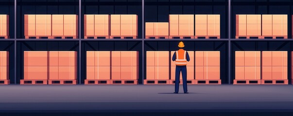 Fototapeta premium A worker in a warehouse examines stacked pallets in the warm glow of an evening, showcasing the organization of goods.