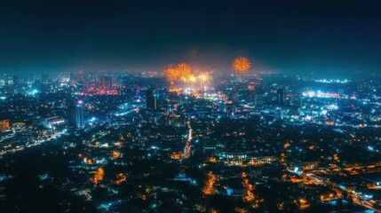 Fototapeta premium Aerial view of a vibrant city celebrating New Year's Eve,