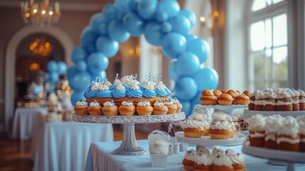Obraz premium A table with a variety of desserts, including cupcakes, pastries, and cakes. Blue balloons decorate the background.