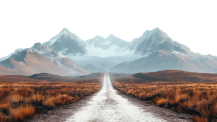 scenic dirt road stretches through vast landscape, flanked by golden grass and majestic snow capped mountains in background, evoking sense of adventure and tranquility