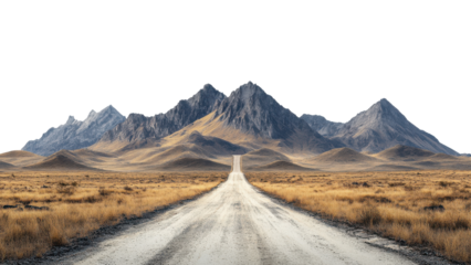 scenic dirt road stretches through vast, golden landscape, leading towards majestic mountains in distance. serene atmosphere evokes sense of adventure and exploration