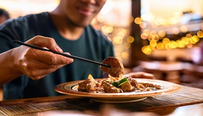 Faceless man eat Bak Kut Teh in restaurant with bokeh background. Malaysian Food.