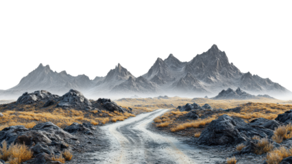winding dirt road leads through rugged landscape of rocky mountains and dry grass, evoking sense of adventure and exploration in serene, natural setting