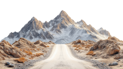 scenic view of rugged mountain landscape with dirt road leading towards peaks. rocky terrain and sparse vegetation create serene and adventurous atmosphere