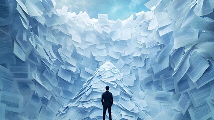 Businessperson Scaling a Towering Mountain of Documents and Reports Facing Corporate Bureaucratic Challenges