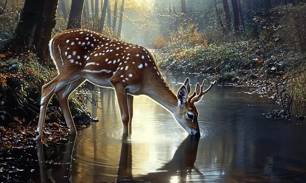 A spotted deer drinks from a forest stream, sunlight filtering through the trees creating a dappled effect on the water.