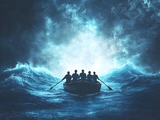 Business Team Rowing Through Stormy Seas Towards Glowing Horizon of Opportunity