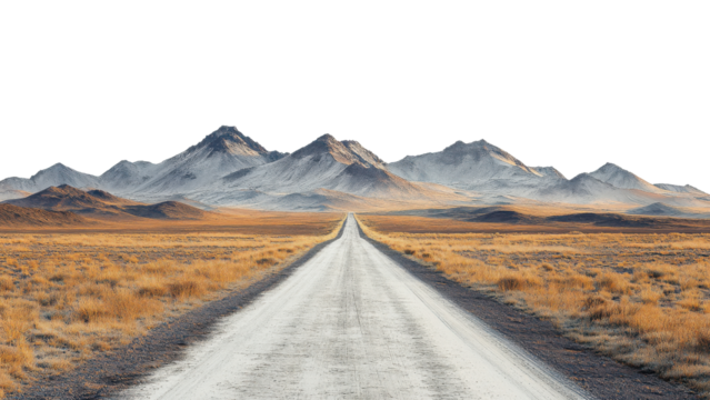 scenic dirt road stretches through vast, arid landscape, flanked by majestic mountains under clear sky. golden grasslands create serene atmosphere