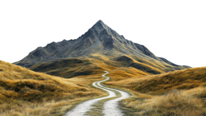 winding dirt road leads through golden grasslands towards majestic mountain peak, creating serene and picturesque landscape