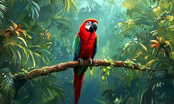 A vibrant red and blue parrot perched on a branch amidst a lush tropical jungle setting.