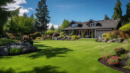 Serene suburban home with beautifully manicured garden in bright summer sunshine. Generative AI