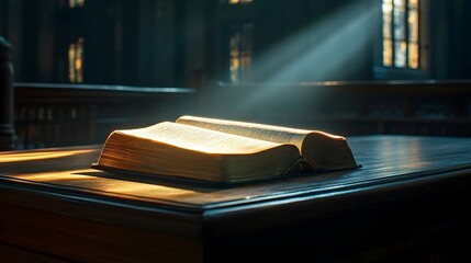 Glowing Book of Laws Resting on Judge s Bench Symbolizing the Power of Knowledge in Delivering Justice