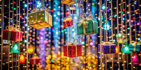 Fototapeta premium Abstract Image of Christmas Gift Boxes Suspended on an Intricate Network of Lines, Adorned with Sparkling Lights, Creating a Delightful Holiday Atmosphere