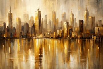 Obraz premium Abstract Modern Cityscape Painting in Beige and Gold Tones with Water Reflections, Thick Brush Strokes Capturing Urban Atmosphere in Low Light Photography