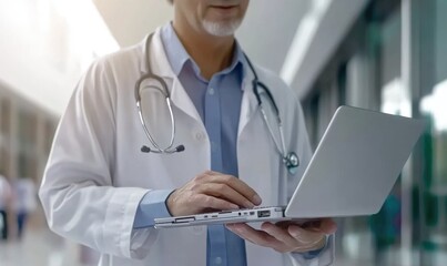 Health practitioner: physician focused on computer tasks, managing patient information, leveraging software for effective decision making, essential role of technology in improving medical practices.