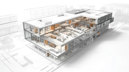 Obraz premium Modern architectural rendering of a multi-level office building.