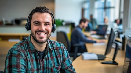 Obraz premium Cheerful male operator with a headset, assisting clients from a sleek