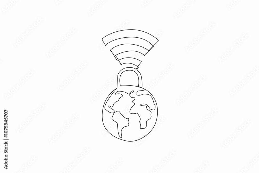 Poster single continuous line drawing a padlock connected to a globe with wi-fi signals. safeguarding infor