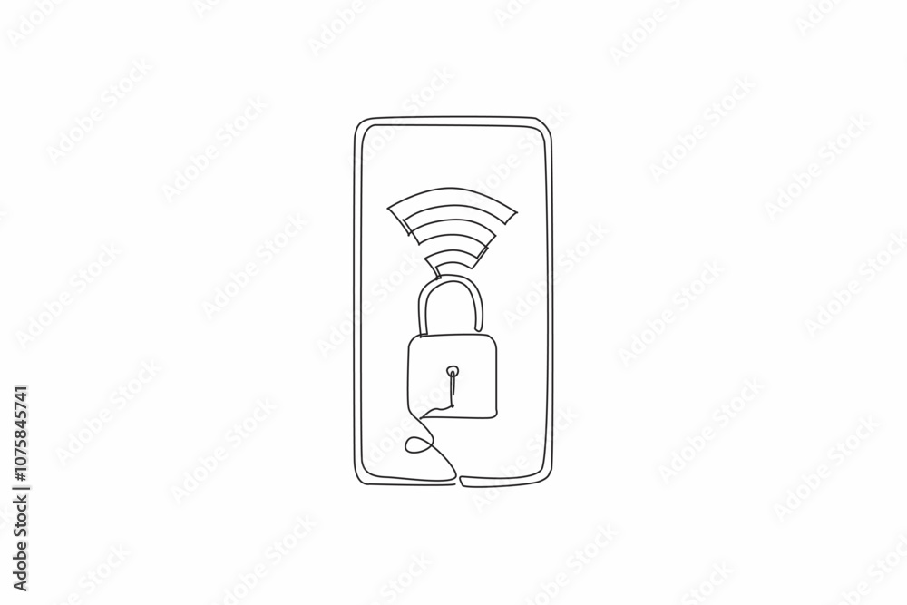 Poster continuous one line drawing a smartphone has a padlock and a wi-fi symbol on its screen. protecting 