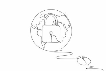 Single one line drawing a mouse connected to a globe with a padlock in the middle. Global security, data protection. Secure. Safety. Safer Internet Day. Continuous line design graphic illustration