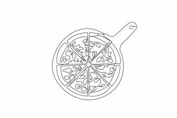 Fototapeta premium Continuous one line drawing a pizza on a round serving tray. The deliciousness and convenience of pizza. Eaten with loved ones. Tasty. National Pizza Day. Single line draw design vector illustration