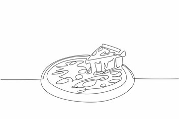Single continuous line drawing a slice of pizza is being taken from whole pizza. The deliciousness of melted cheese. Enjoyment of sharing meal. National Pizza Day. One line design vector illustration