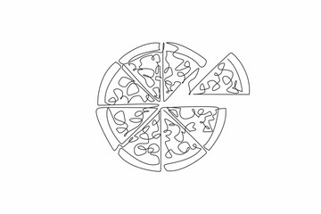 Single continuous line drawing a pizza is divided into slices. The deliciousness and variety of pizza. Appetizer. Tasty. Gourmet. Spicy delight. National Pizza Day. One line design vector illustration