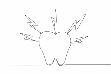 Single one line drawing a tooth is surrounded by lightning bolts. The pain and discomfort associated with toothaches. Dental health. National Toothache Day. Continuous line design graphic illustration