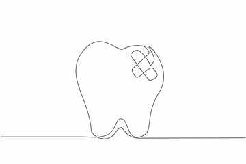 Continuous one line drawing a tooth has a bandage on it. The need for dental care. The importance of preventing toothaches. Treated. National Toothache Day. Single line draw design vector illustration