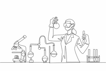 Single continuous line drawing female scientist immersed in research. Dedication to scientific discovery. Innovation. Science. Technology. Engineering. Mathematics. One line design vector illustration