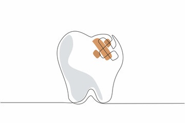 Continuous one line drawing a tooth has a bandage on it. The need for dental care. The importance of preventing toothaches. Treated. National Toothache Day. Single line draw design vector illustration