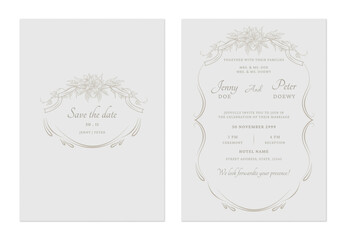 Wedding invitation template set feature a delicate brown floral border with intricate details on a gray background, creating a romantic and timeless feel