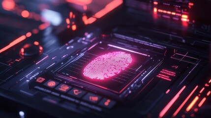 Close-up of a glowing fingerprint scanner on a smart device, unlocking a sleek,