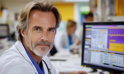 Medical professional: doctor diligently working on computer, analyzing patient records, utilizing digital tools to enhance healthcare delivery, integration of technology in modern medicine.