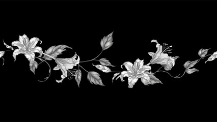 Floral border seamless pattern of vintage delicate lilies, leaves and vines  drawn in a detailed creating a flowing and elegant design on a black background