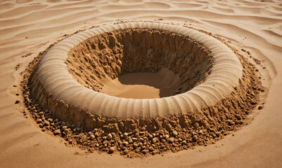 A large hole in the sand, possibly made by an explosion, surrounded by a ring of sand and small rocks