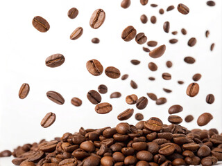 Naklejka premium coffee beans background. coffee, bean, brown, beans, caffeine, drink, roasted, cafe, isolated, white, aroma, roast, grain, food, black, espresso, seed, dark, coffee beans, cup, beverage, closeup, brea