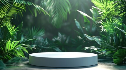 White Circular Platform Surrounded by Lush Green Tropical Foliage