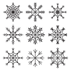 Snowflake icon set. Winter geometric shapes. Black outlined design. Vector holiday symbols.