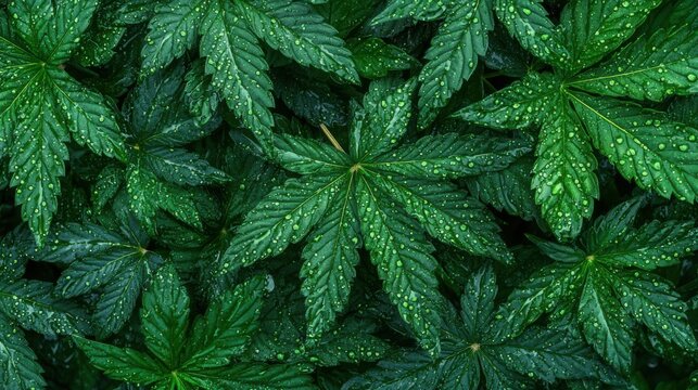 Close-up of cannabis leaves with shining water drops, isolated